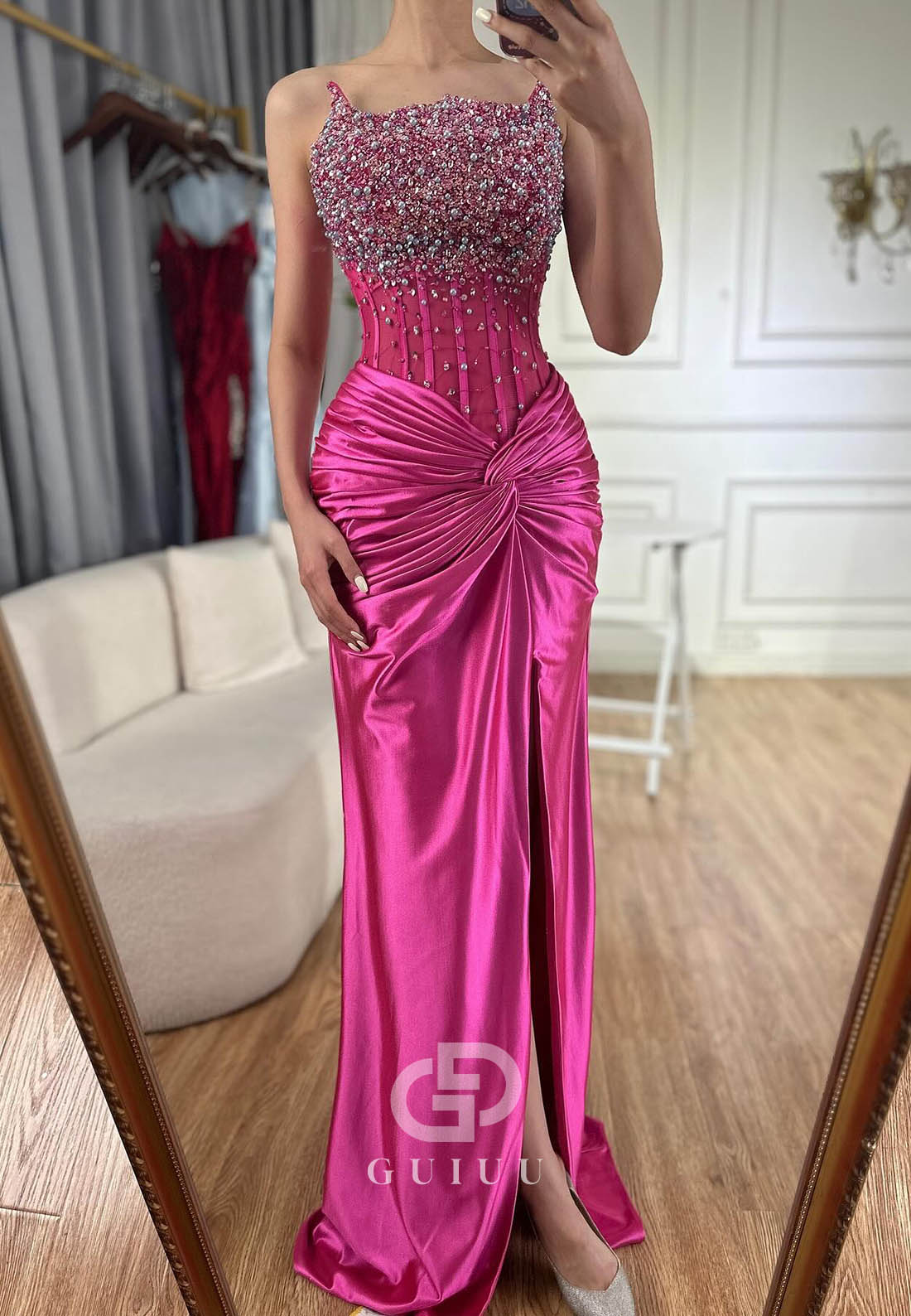 Charming A-Line Sleeveless Strapless Sequins Slit Ruched Prom Dress