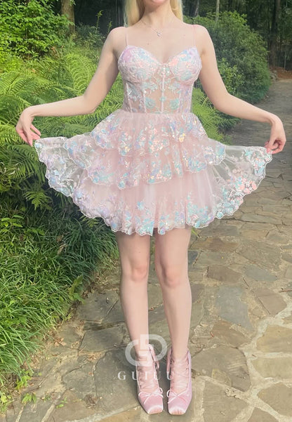 Charming A-Line Spaghetti Straps Sweetheart Ruffles Homecoming Dress