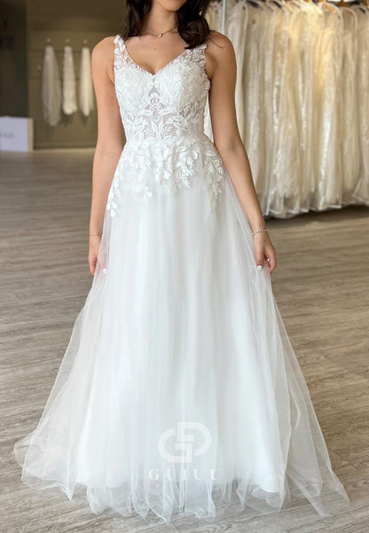 Charming A-Line Spaghetti Straps V-Neck Floral Appliques Wedding Dress