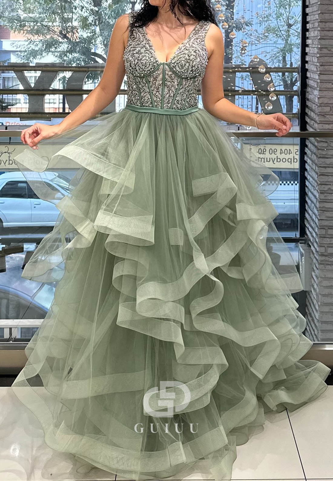 Charming A-Line Spaghetti Straps V-Neck Ruffles Prom Dress