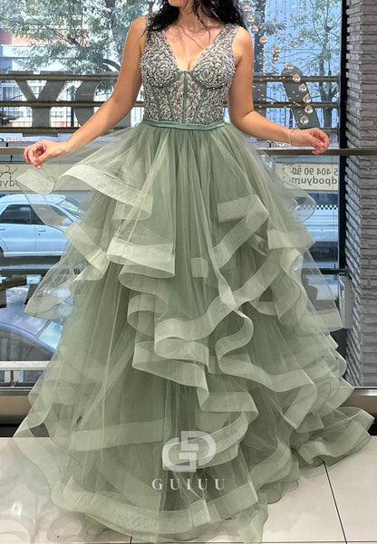 Charming A-Line Spaghetti Straps V-Neck Ruffles Prom Dress