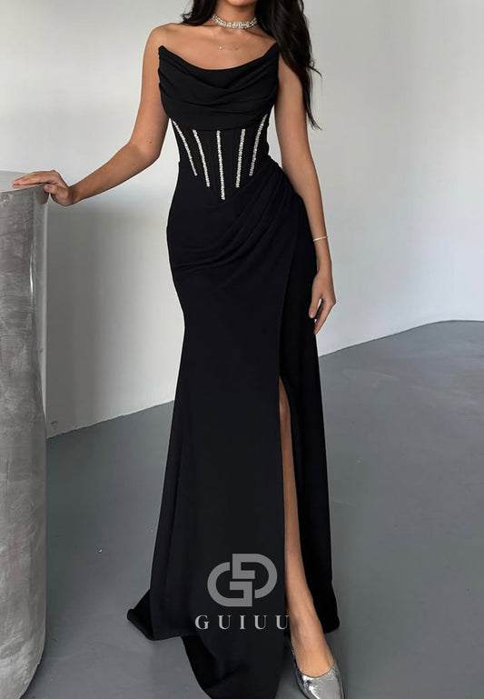 Charming A-Line Strapless Sleeveless Corset Sequins Slit Prom Dress