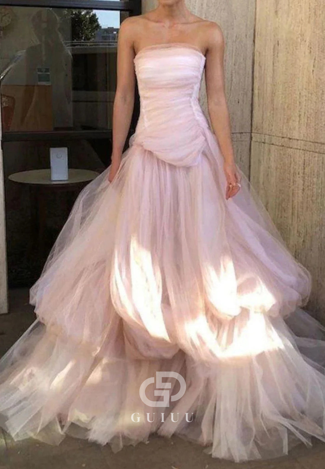 Charming A Line Strapless Pink Long Prom Dress with Ruffles