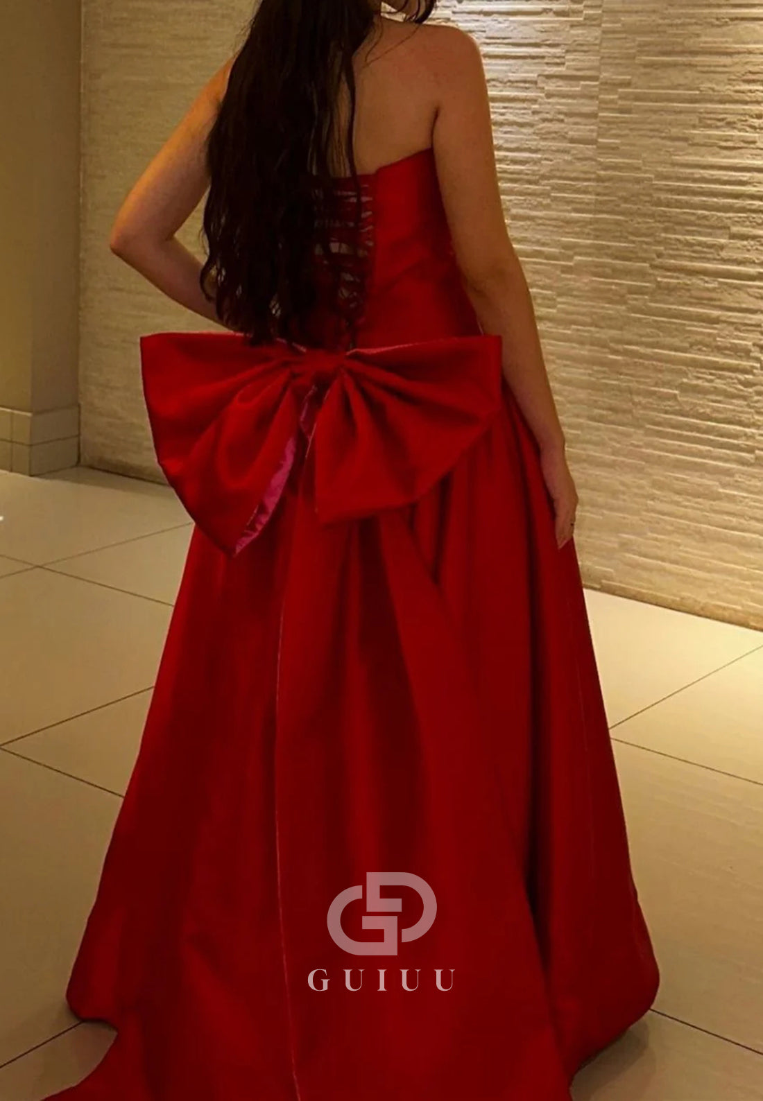 Charming A Line Strapless Red Long Prom Dress with Bowknot