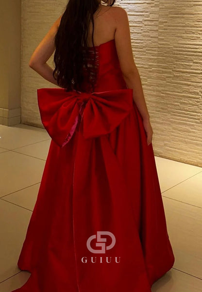 Charming A Line Strapless Red Long Prom Dress with Bowknot
