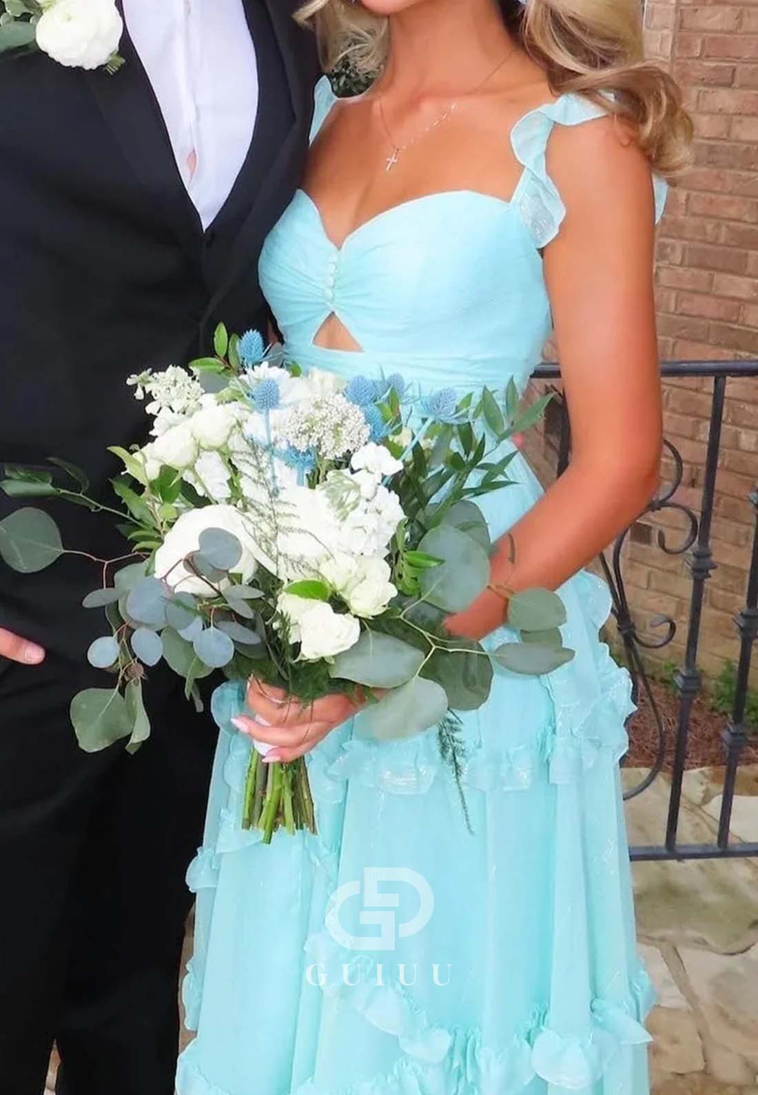 Charming A Line Sweetheart Blue Long Prom Dress with Ruffles