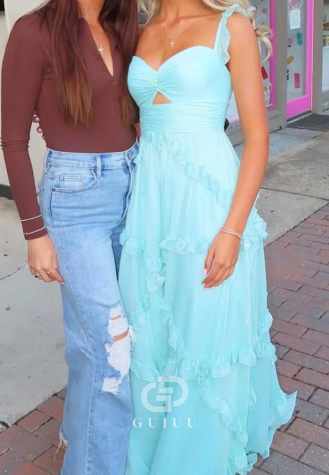 Charming A Line Sweetheart Blue Long Prom Dress with Ruffles