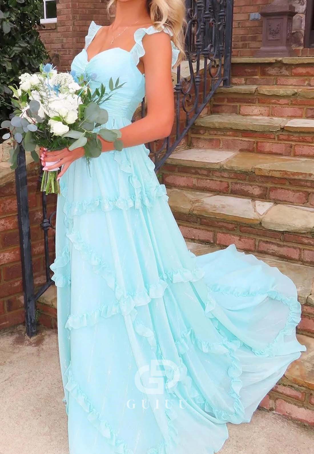 Charming A Line Sweetheart Blue Long Prom Dress with Ruffles