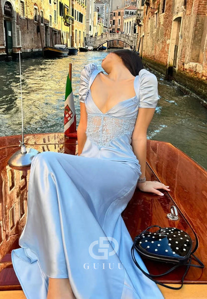 Charming A Line Sweetheart Sky Blue Long Prom Dress