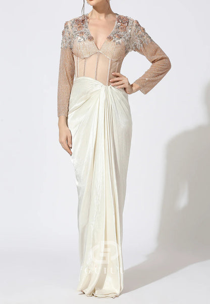 Charming Long Sleeeves V-Neck Ruched Evening Dress