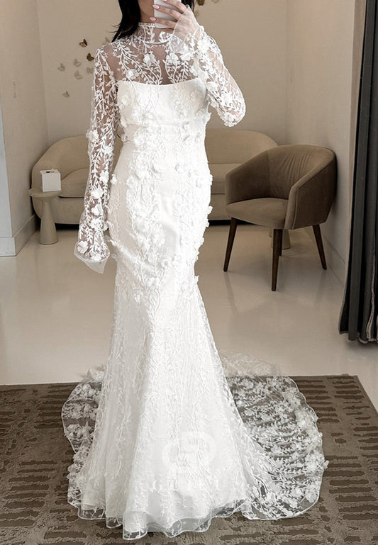 Charming Long Sleeves High Neck A-Line Appliques Wedding Dress