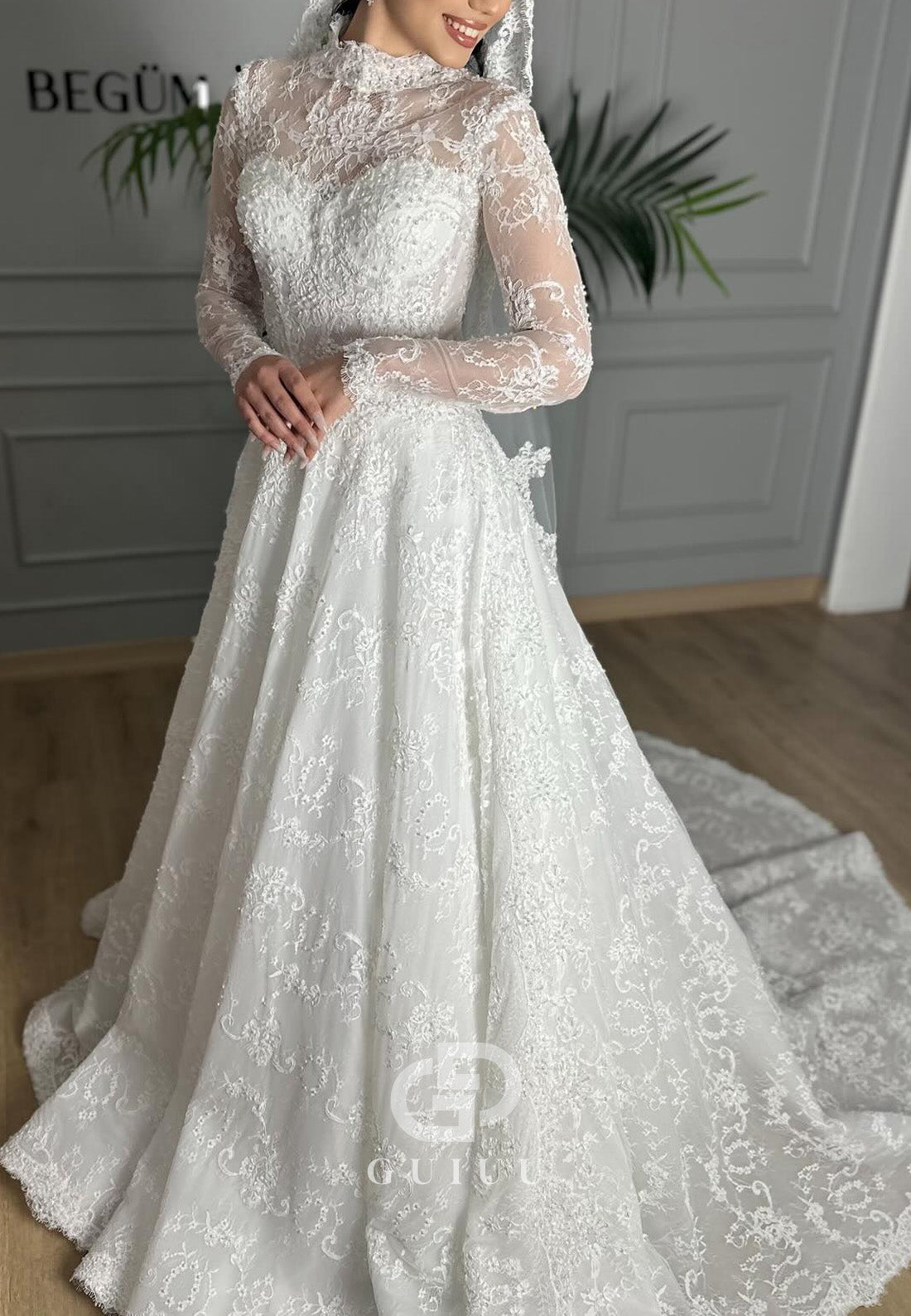 Charming Long Sleeves High Neck A-Line Lace Wedding Dress