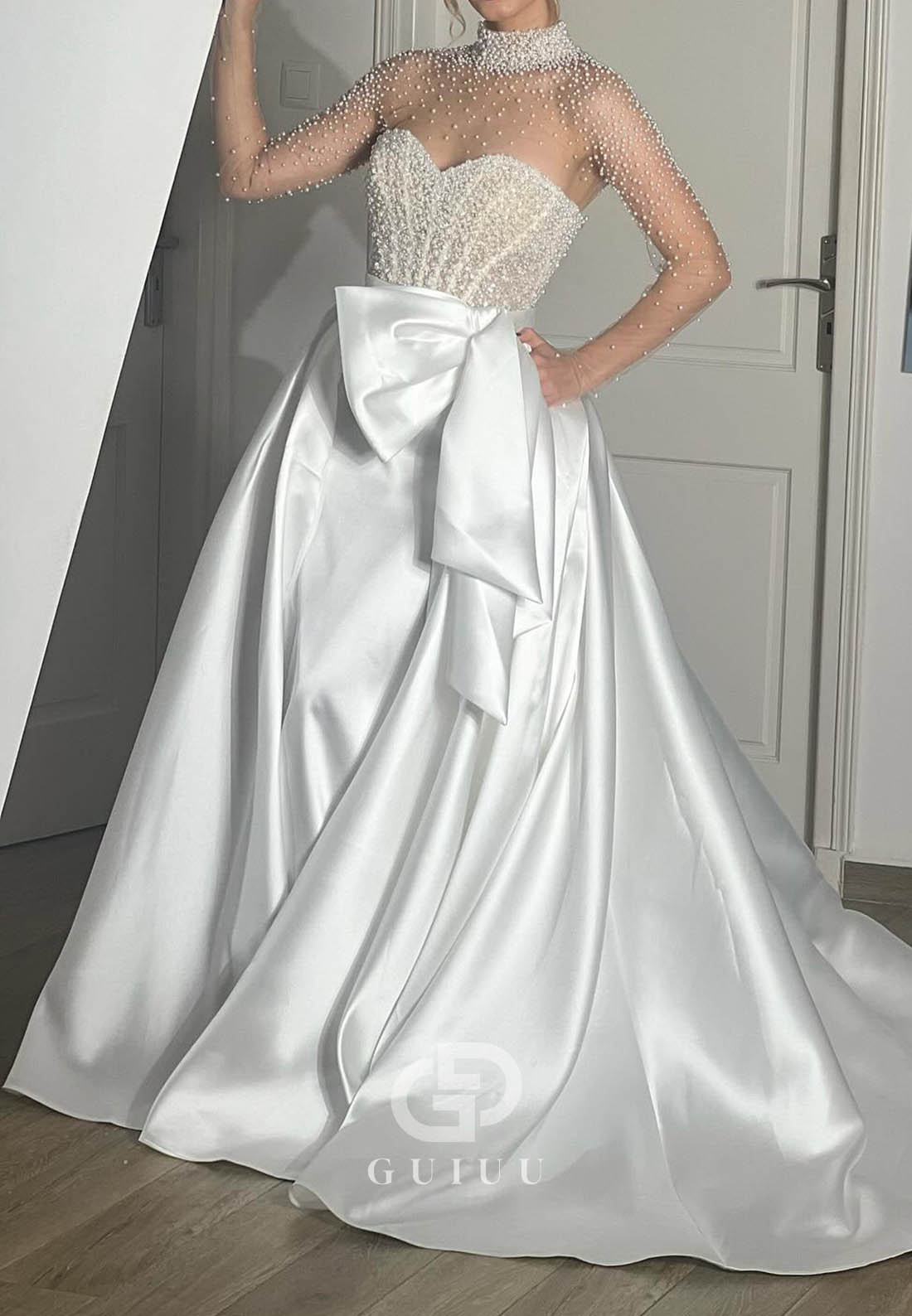 Charming Long Sleeves High Neck Pearls A-Line Wedding Dress