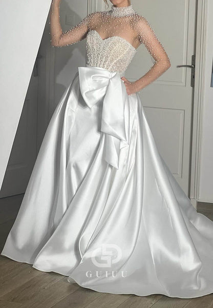 Charming Long Sleeves High Neck Pearls A-Line Wedding Dress