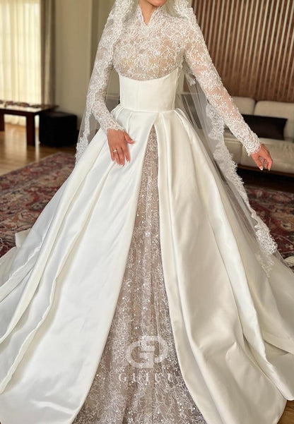 Charming Long Sleeves High Neck Slit Sequins Wedding Dress