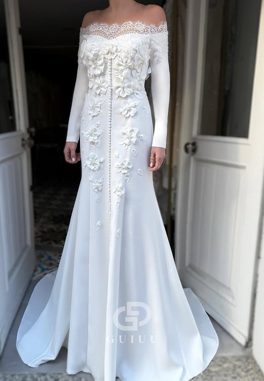 Charming Long Sleeves Off-Shoulder Floral Appliques Wedding Dress