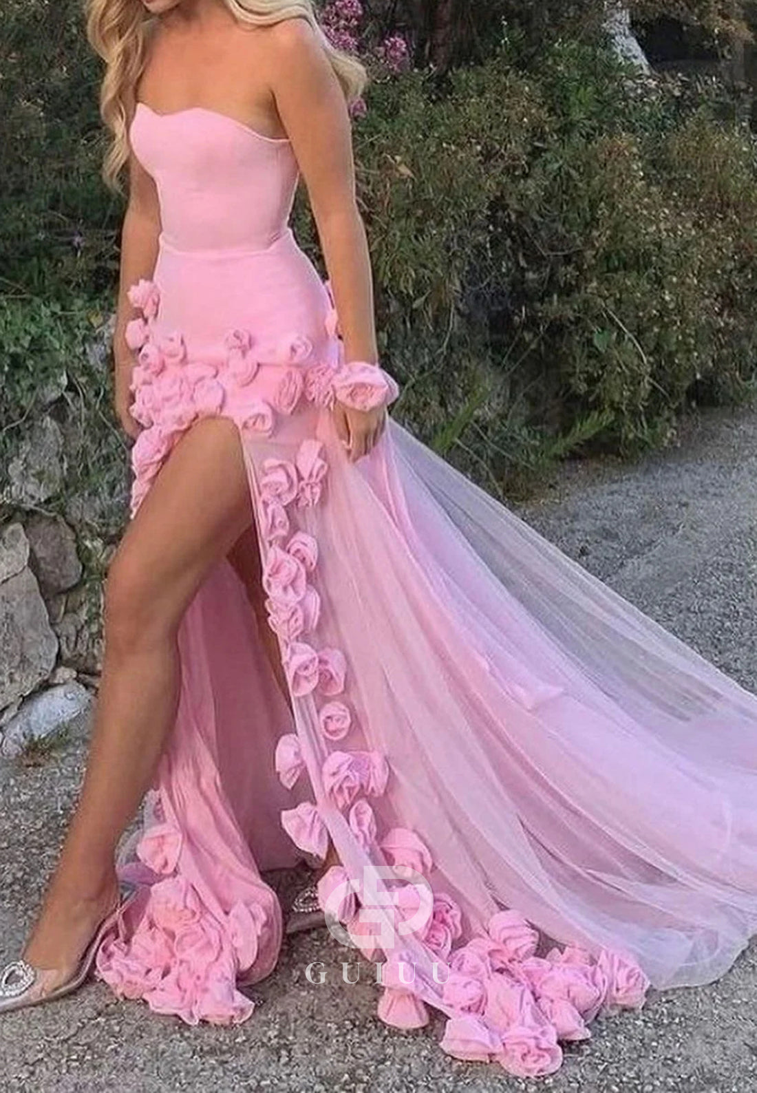 Charming Mermaid Strapless Long Tulle Prom Dress with 3D Flowers