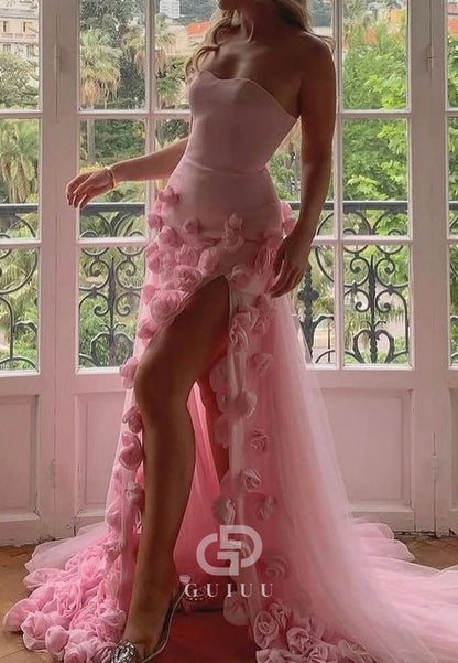 Charming Mermaid Strapless Long Tulle Prom Dress with 3D Flowers