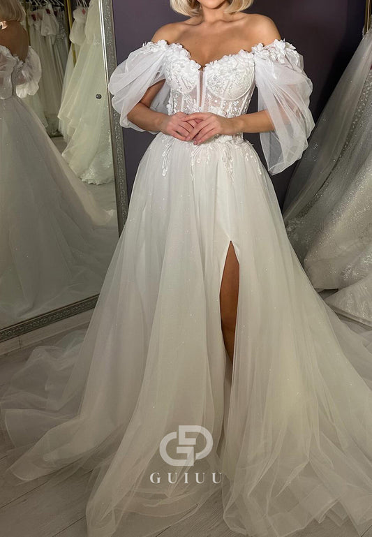 Charming Scoop Short Sleeves Slit Lace Wedding Dress