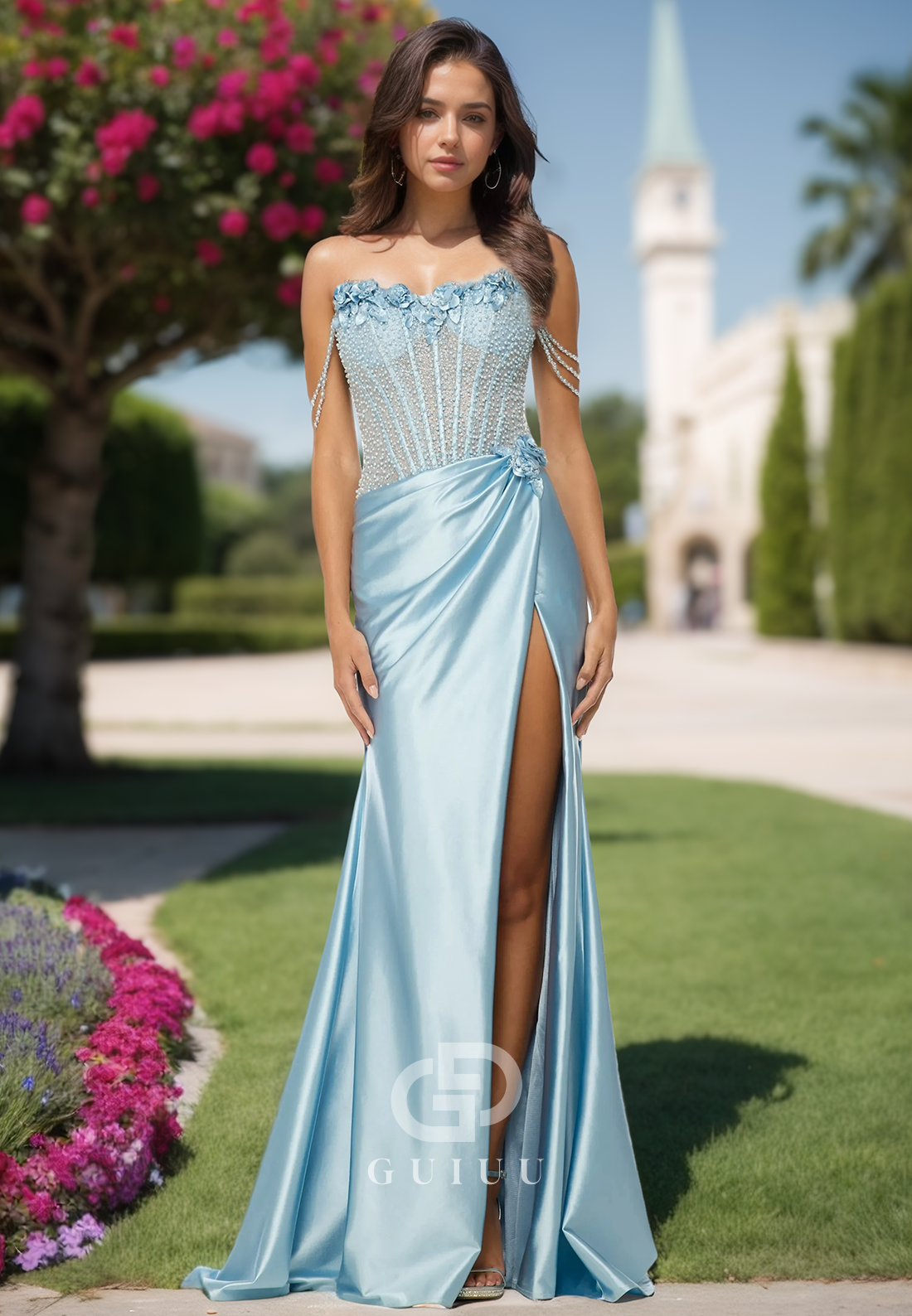 Charming Sheath Sleeveless Sweetheart Prom Dress with Slit Appliques Evening Formal Dress
