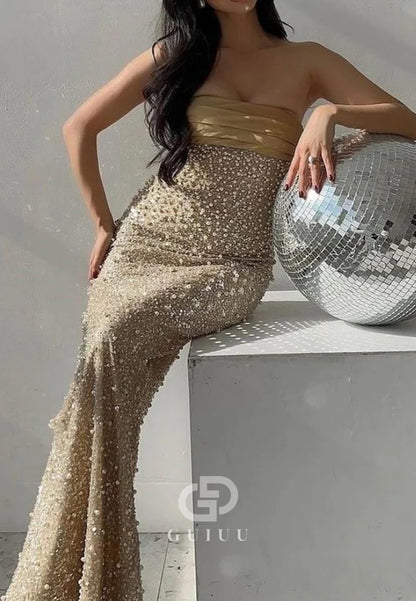 Charming Sheath Strapless Champagne Sequins Long Prom Dress