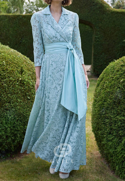 Charming Sky Blue Long Sleeves V-Neck Lace Mother of the Bride Dress