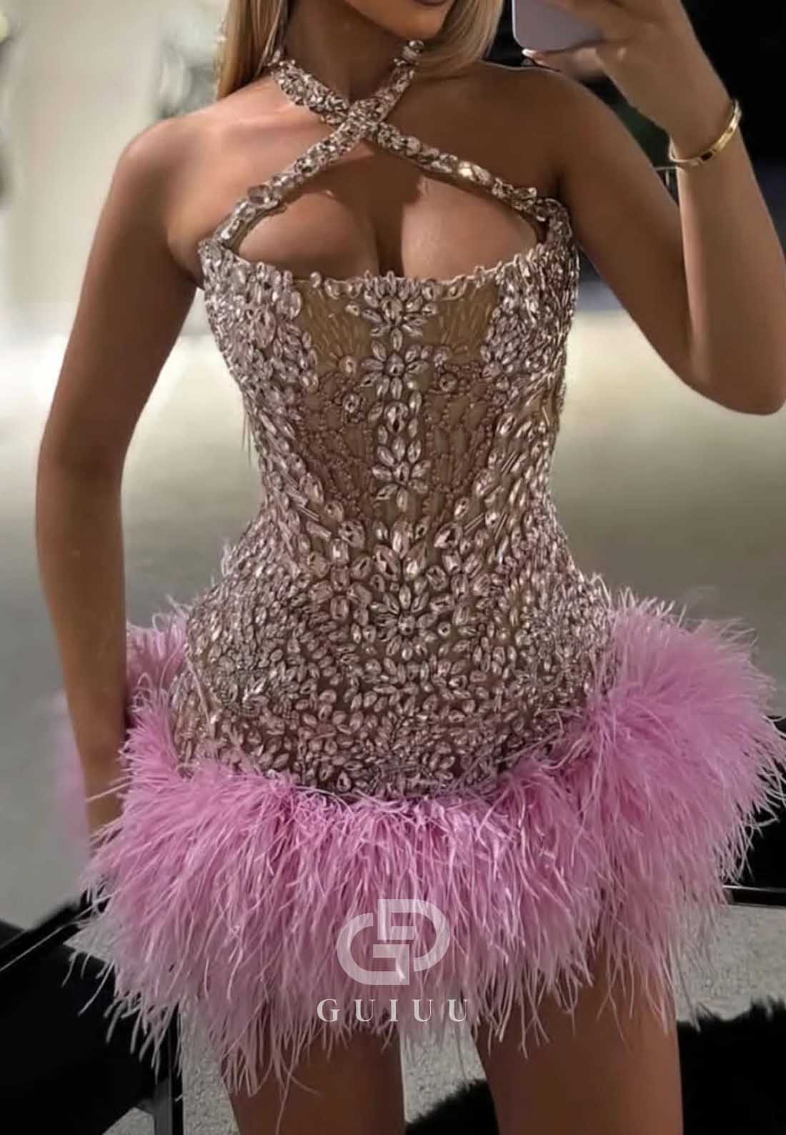 Charming Sleeveless Sweetheart Beads Feathers Homecoming Dress