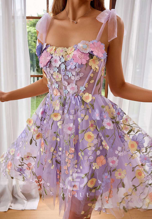 Charming Spaghetti Straps Sweetheart Floral Appliques Homecoming Dress