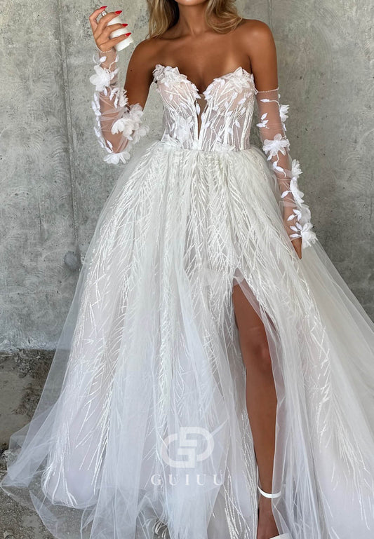 Charming Sweetheart Sleeveless Slit Appliques Lace Wedding Dress