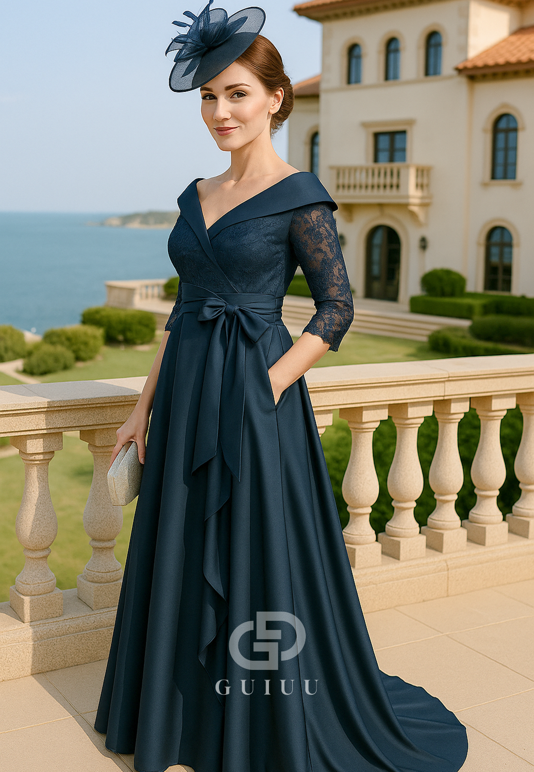 Peacock Half Sleeves V-Neck Ruched Mother of the Bride Dress