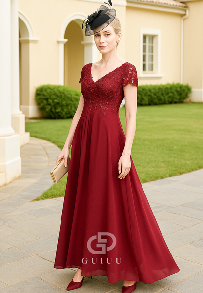 Red Short Sleeves V-Neck A-Line Chiffon Mother of the Bride Dress