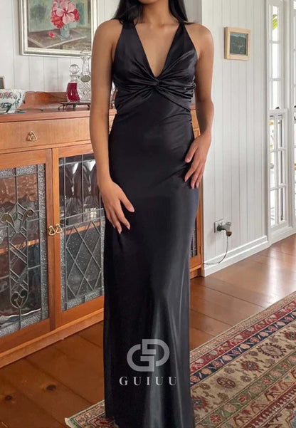 Chic Sheath Halter Neck Long Party with Backless Bowknot Party Dress