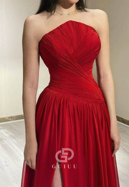 Chiffon Strapless Red Evening Dress Elegant High Slit Long Prom Gown