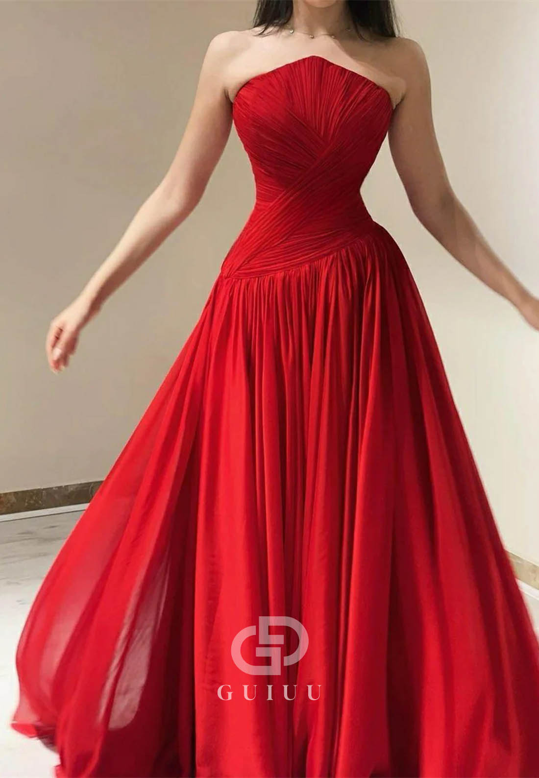 Chiffon Strapless Red Evening Dress Elegant High Slit Long Prom Gown