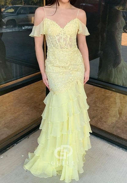 Cold Sleeves Red Lace Mermaid Ruffle Prom Dress