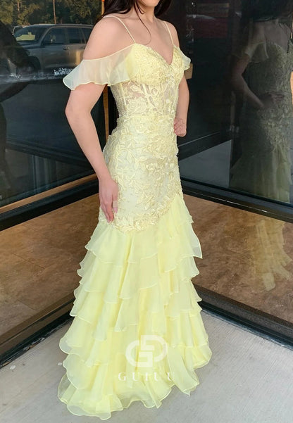 Cold Sleeves Red Lace Mermaid Ruffle Prom Dress