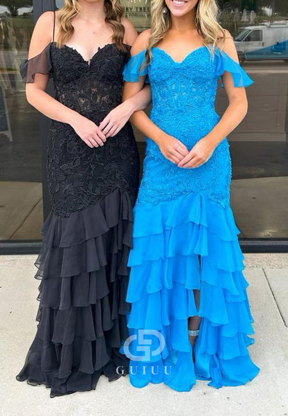 Cold Sleeves Red Lace Mermaid Ruffle Prom Dress