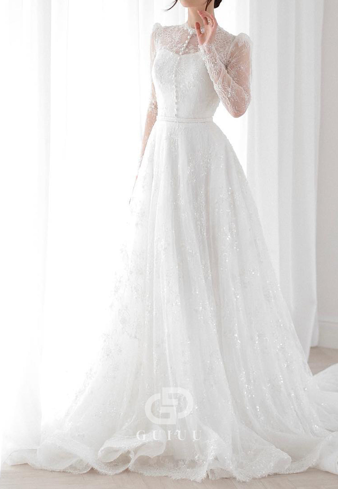 A-Line Long Sleeves Scoop Corset Lace Wedding Dress