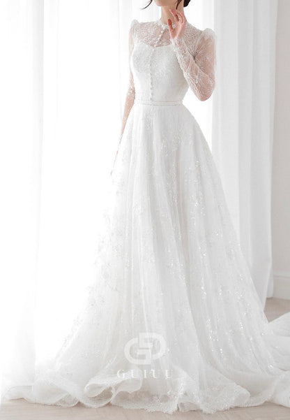 A-Line Long Sleeves Scoop Corset Lace Wedding Dress