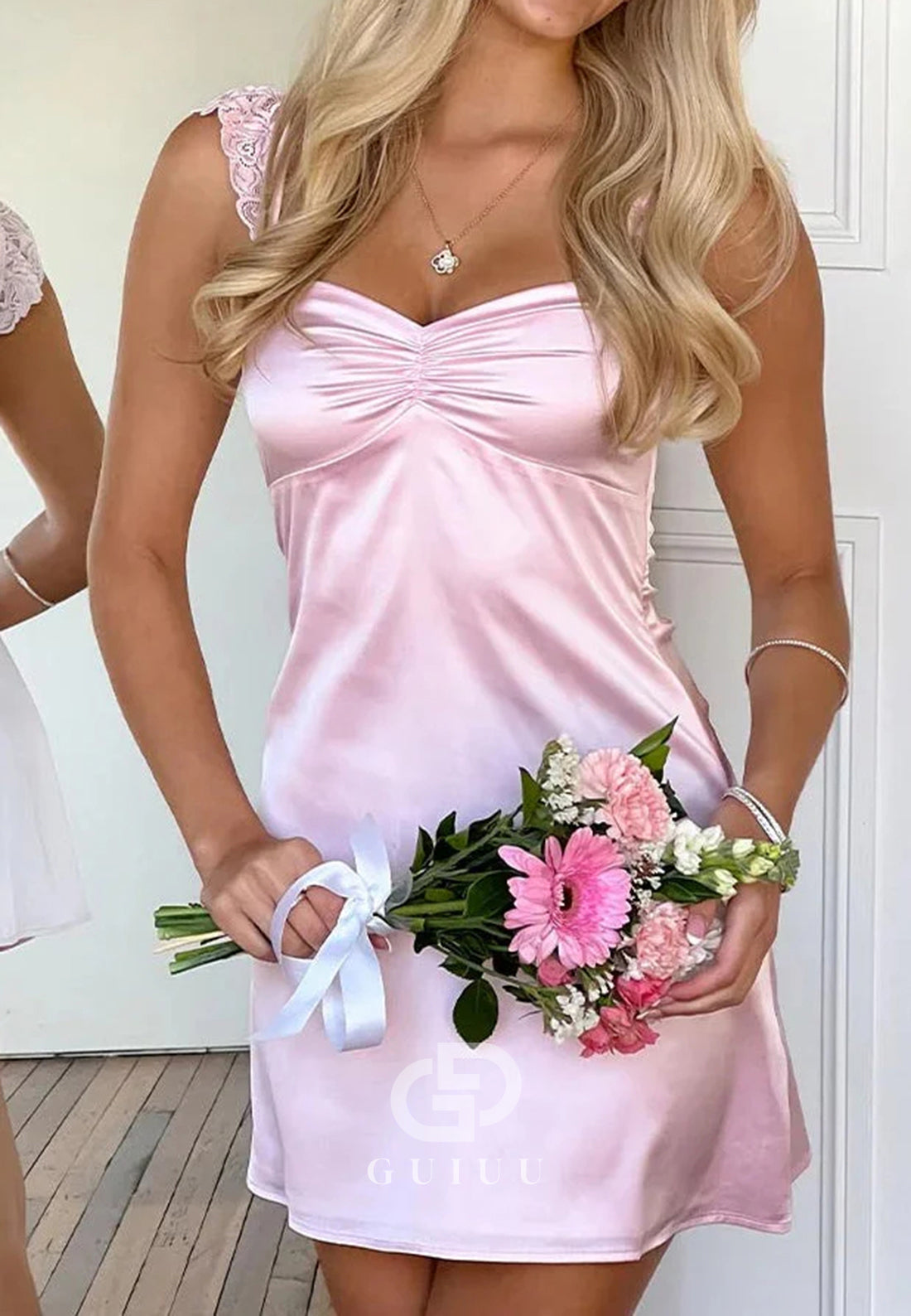 Cute A-Line Sweetheart Pink Short Homecoming Dress with Lace