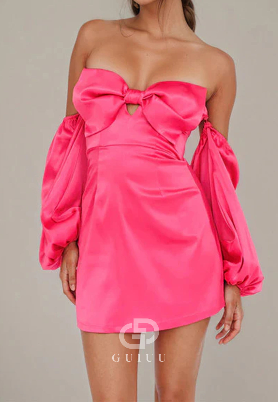Cute Pink  Long-sleeves Bow Homecoming Dresses