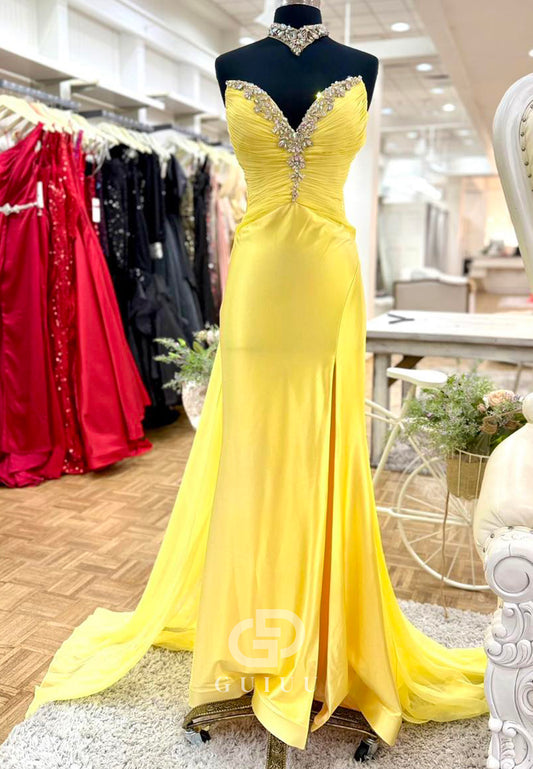 Daffodil A-Line Beads Sleeveless Strapless Ruched Prom Dress