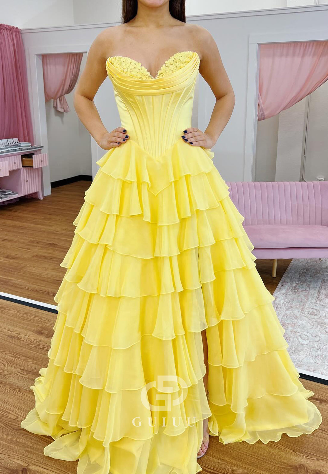 Daffodil A-Line Sleeveless Strapless Ruffles Slit Prom Dress