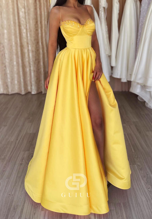 Daffodil A-Line Spaghetti Straps Sweetheart Prom Dress with Slit Ruched Evening Dress