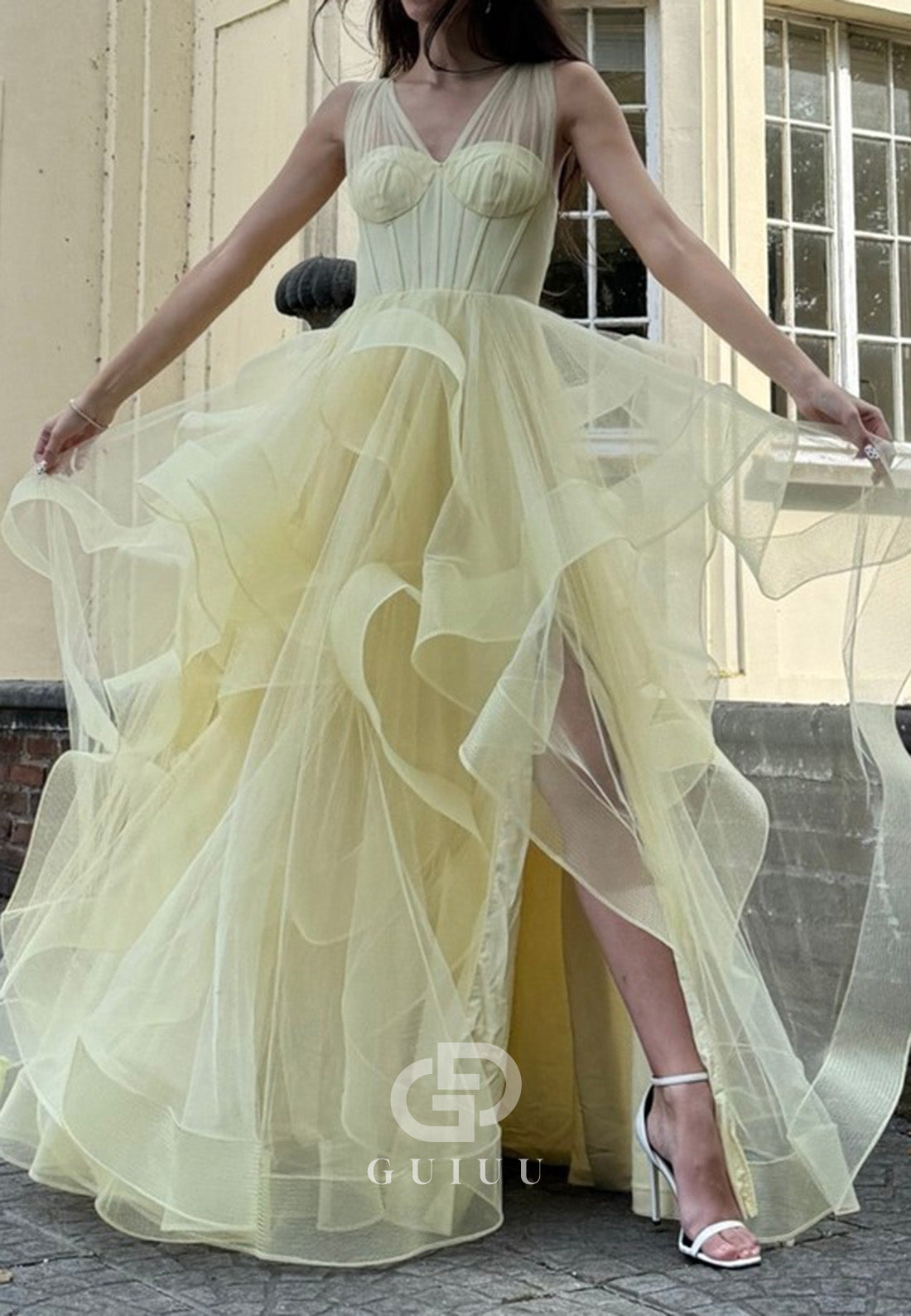 Daffodil A-Line Spaghetti Straps V-Neck Slit Ruffles Prom Dress