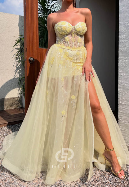 Daffodil A-Line Sweetheart Sleeveless Slit Lace Prom Dress