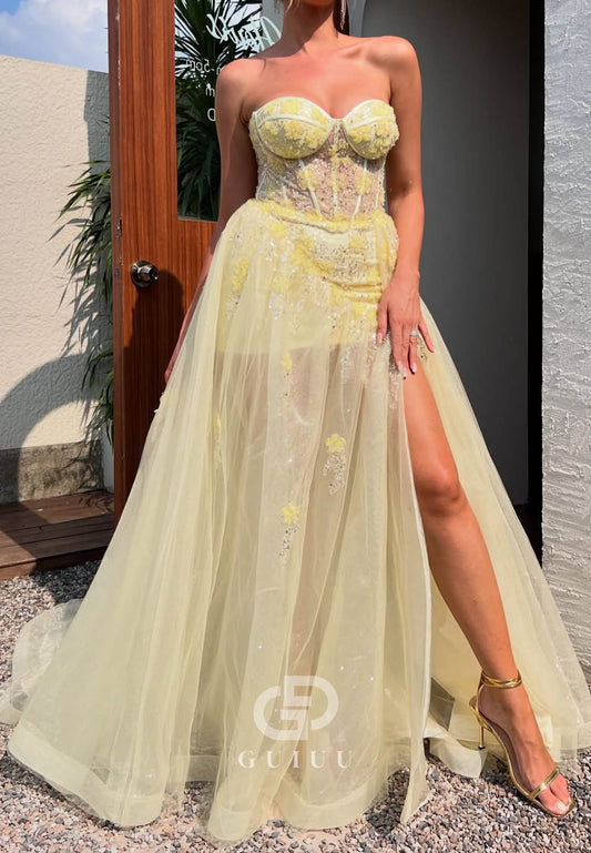 Daffodil A-Line Sweetheart Sleeveless Slit Lace Prom Dress