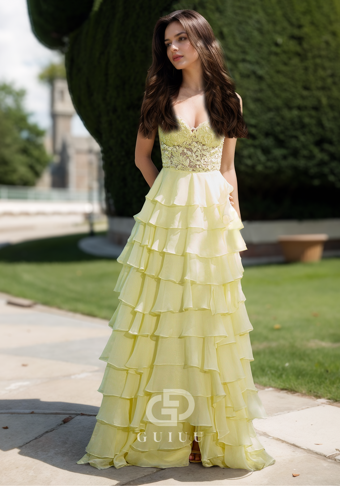 Daffodil A-Line V-Neck Prom Dress with Ruffles Evening Party Dress