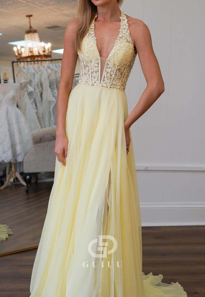 Daffodil Halter Sleeveless Prom Dress with Train Empire-Waist Evening Dress