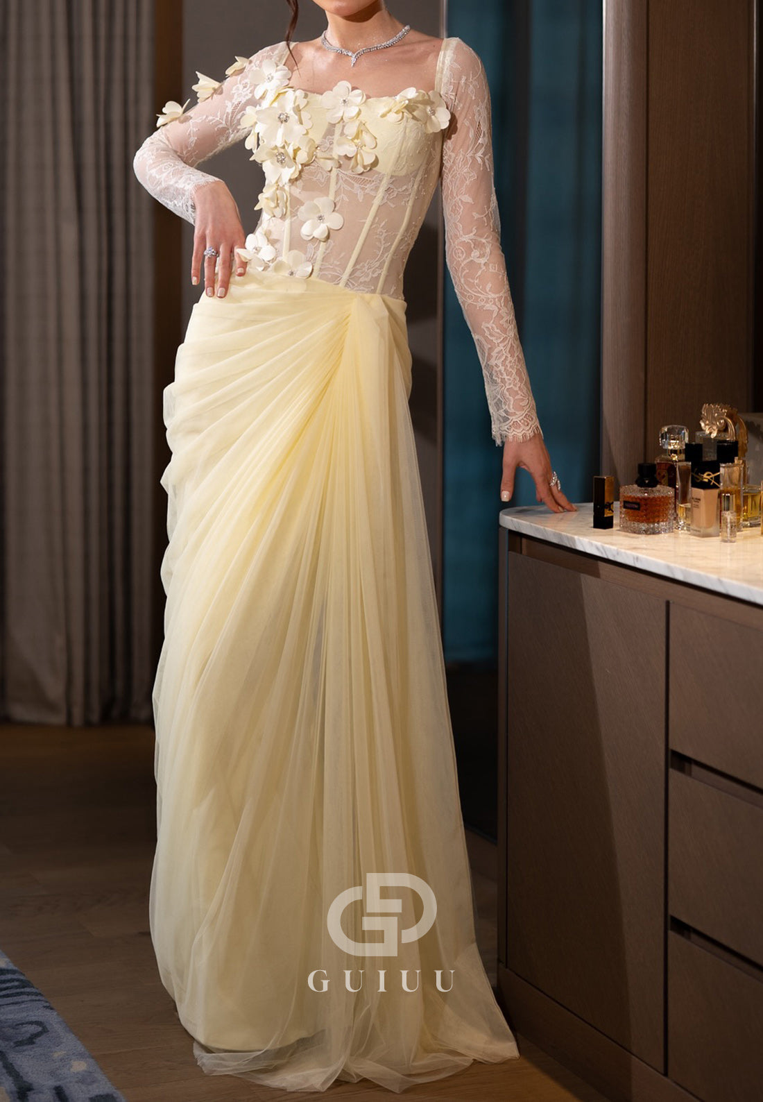 Daffodil Long Sleeves Square Corset Tulle  Evening Dress